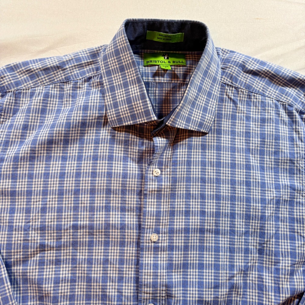 Bristol & Bull Dress Shirt Men L Blue White Plaid Cotton Long Sleeve Button Down